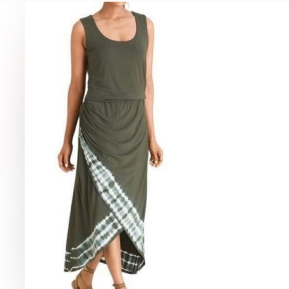 Chico's Green Faux Wrap Tank Midi Dress Tie Dye Accent In Army Green Size 4